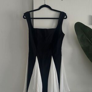 Black and White Fit and Flare Mini Dress with Square Neck